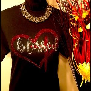 Blessed heart and cross Rhinestone T-shirt